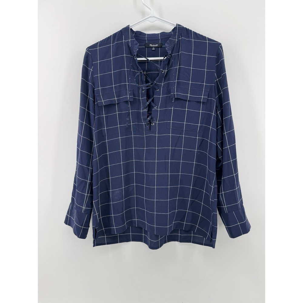 Madewell Blouse Womens XS Blue White Windowpane Plaid Silk Long Sleeve Lace Up
